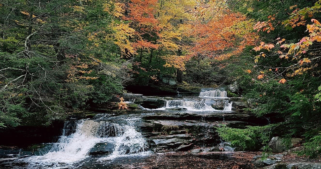 Waterfall cascading through autumn forest stream, scenic hike