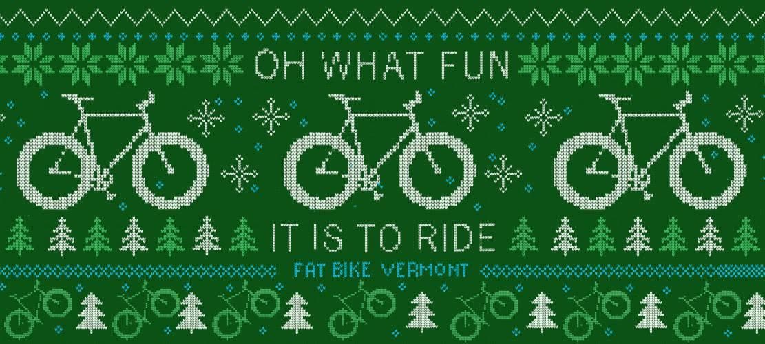 Festive fat-bike graphic banner promoting winter rides in Vermont
