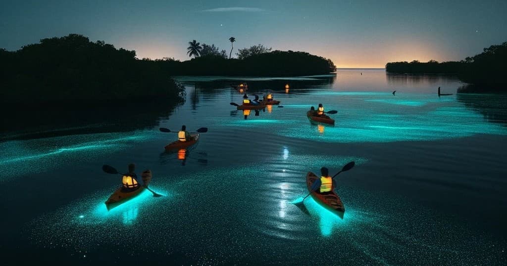 Kayakers paddling through glowing bioluminescent water at night