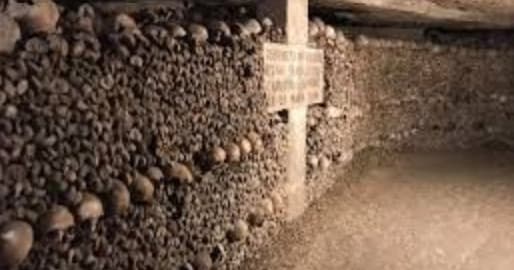 Historic underground catacombs lined with skulls, eerie tour