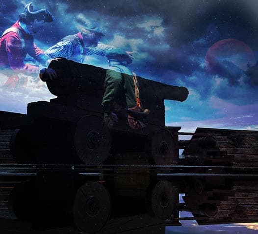 Silhouetted cannons against starry sky at Fort William site