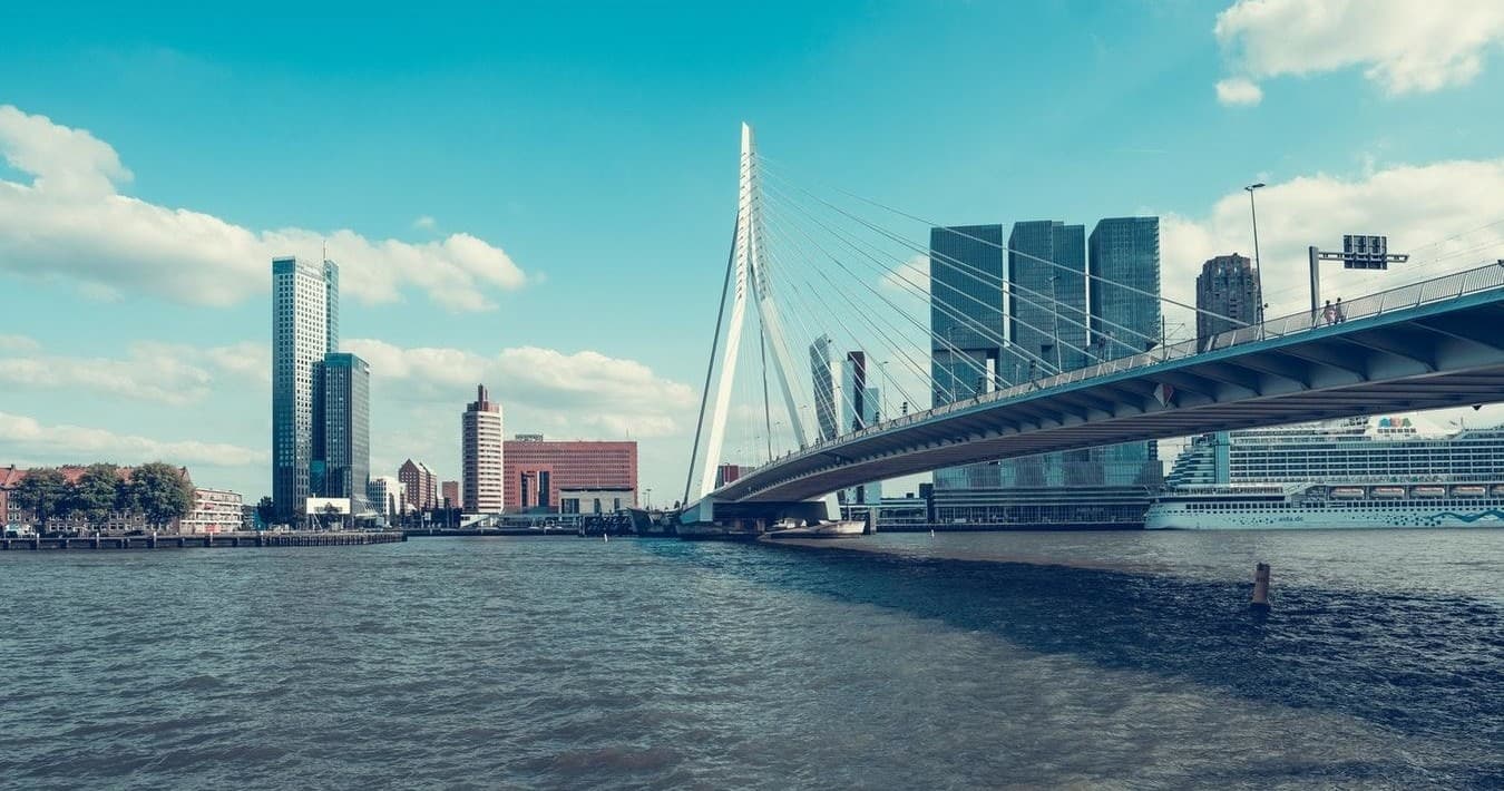 Daytime river view with Erasmus Bridge and Rotterdam skyline