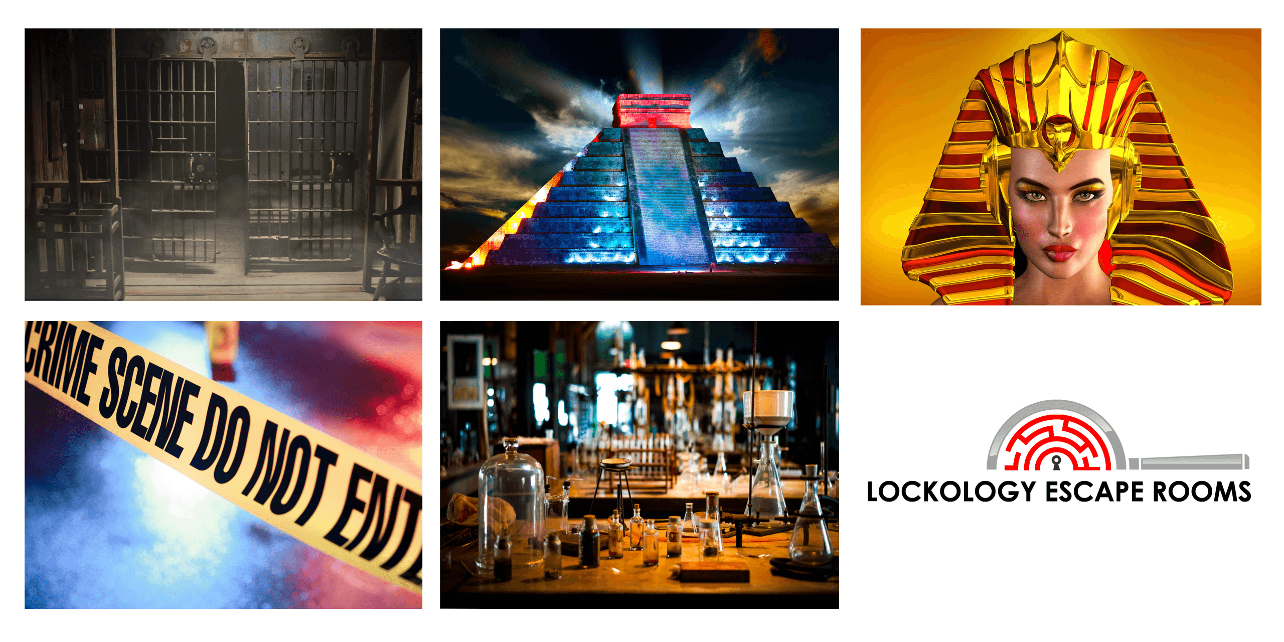 Escape room collage showing crime scene, bar, pyramid puzzles and logo