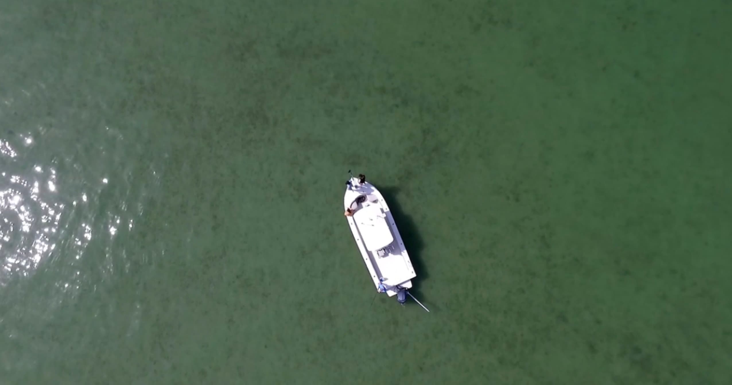 Aerial boat over clear shallow coastal waters, offshore fishing
