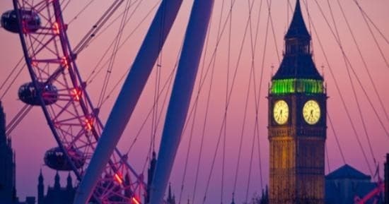 London Eye and Big Ben at dusk, riverside city sightseeing