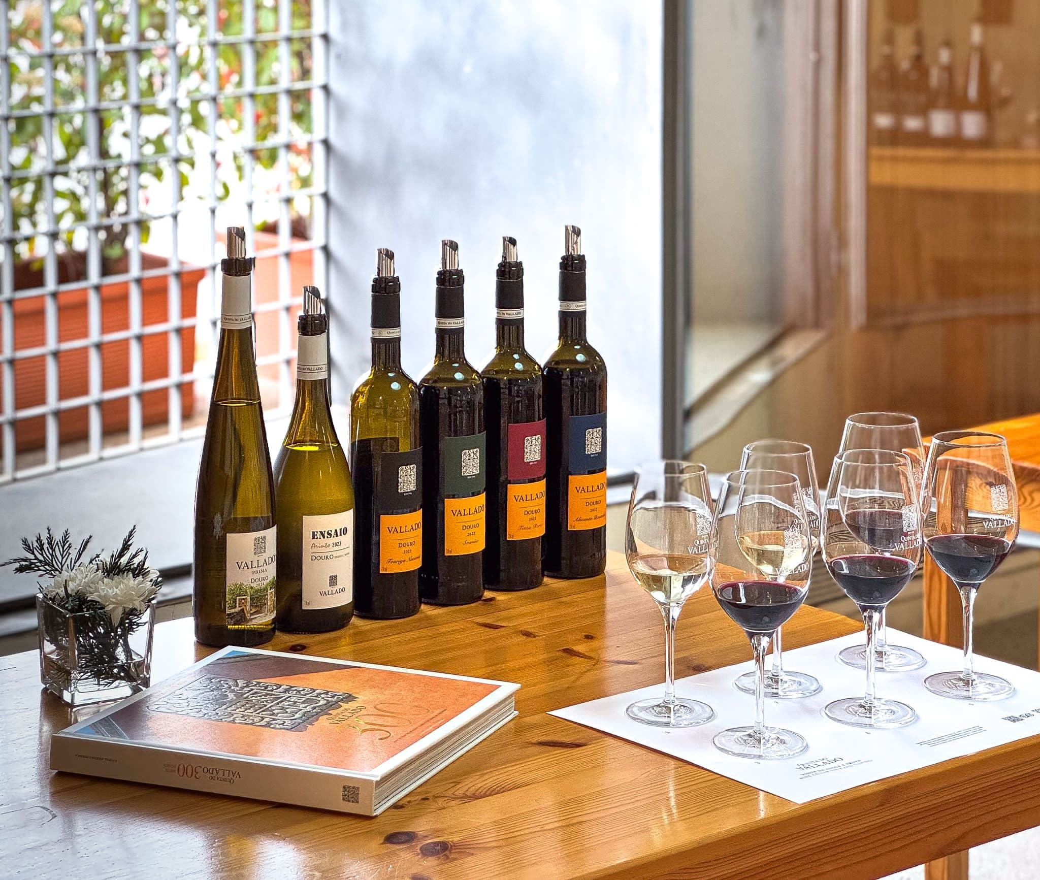 Wine tasting flight and bottles at Quinta do Vallado tasting room