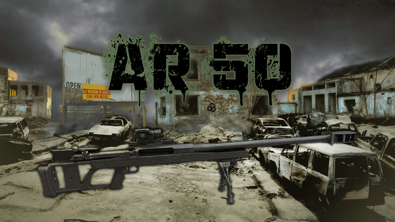 AR-50 rifle over urban ruins, outdoor long-range shooting image