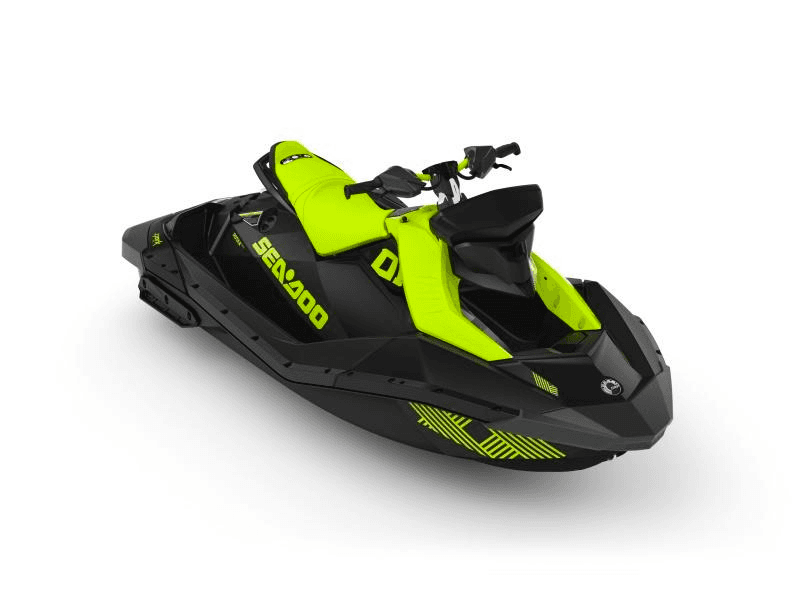 Neon jet ski personal watercraft, high-speed coastal riding