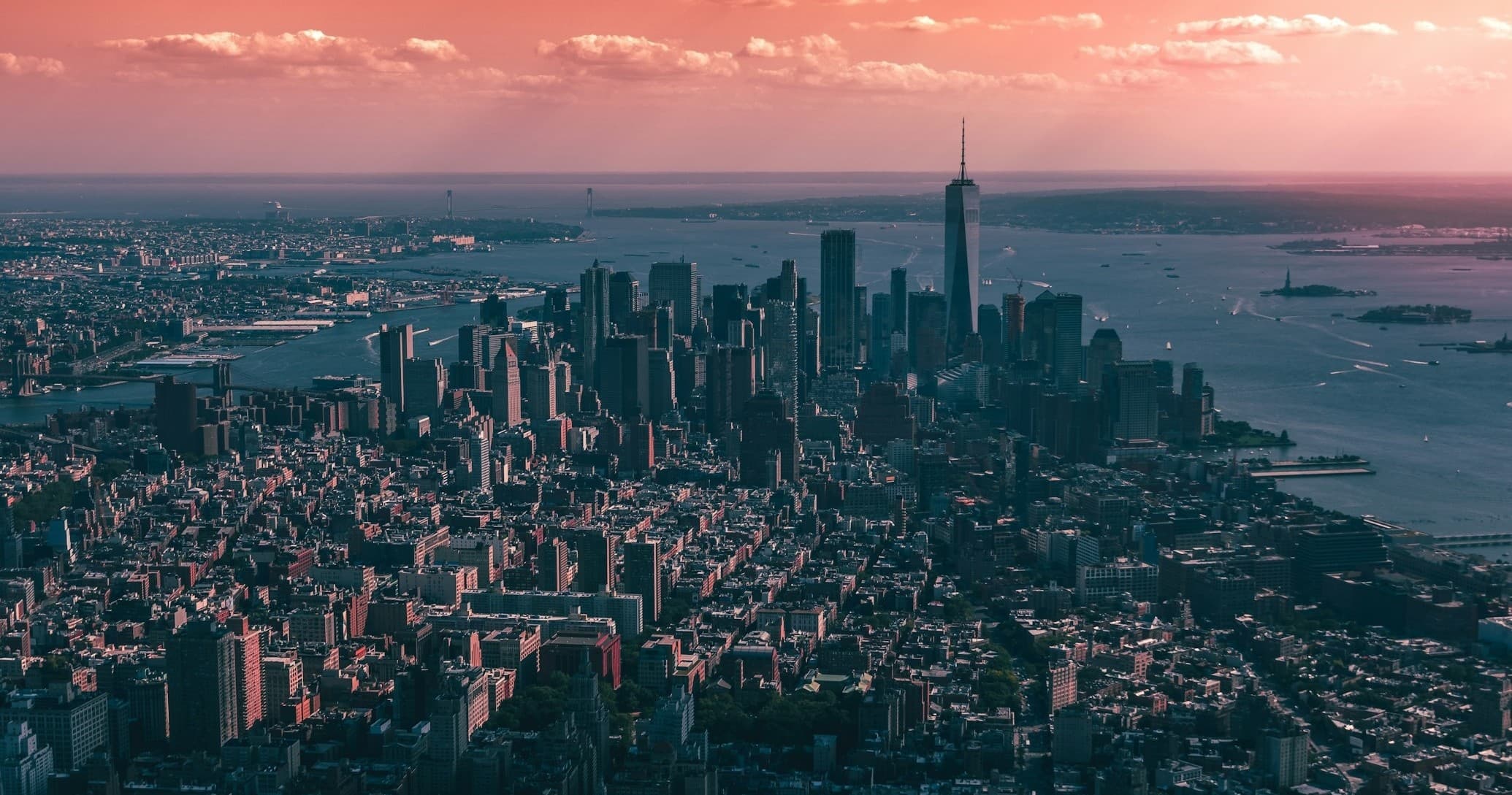 Aerial view of Manhattan skyline at sunset over NYC