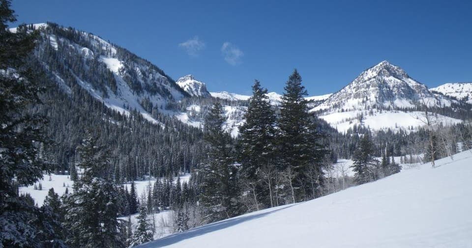 Backcountry ski touring across snowy alpine ridge and peaks