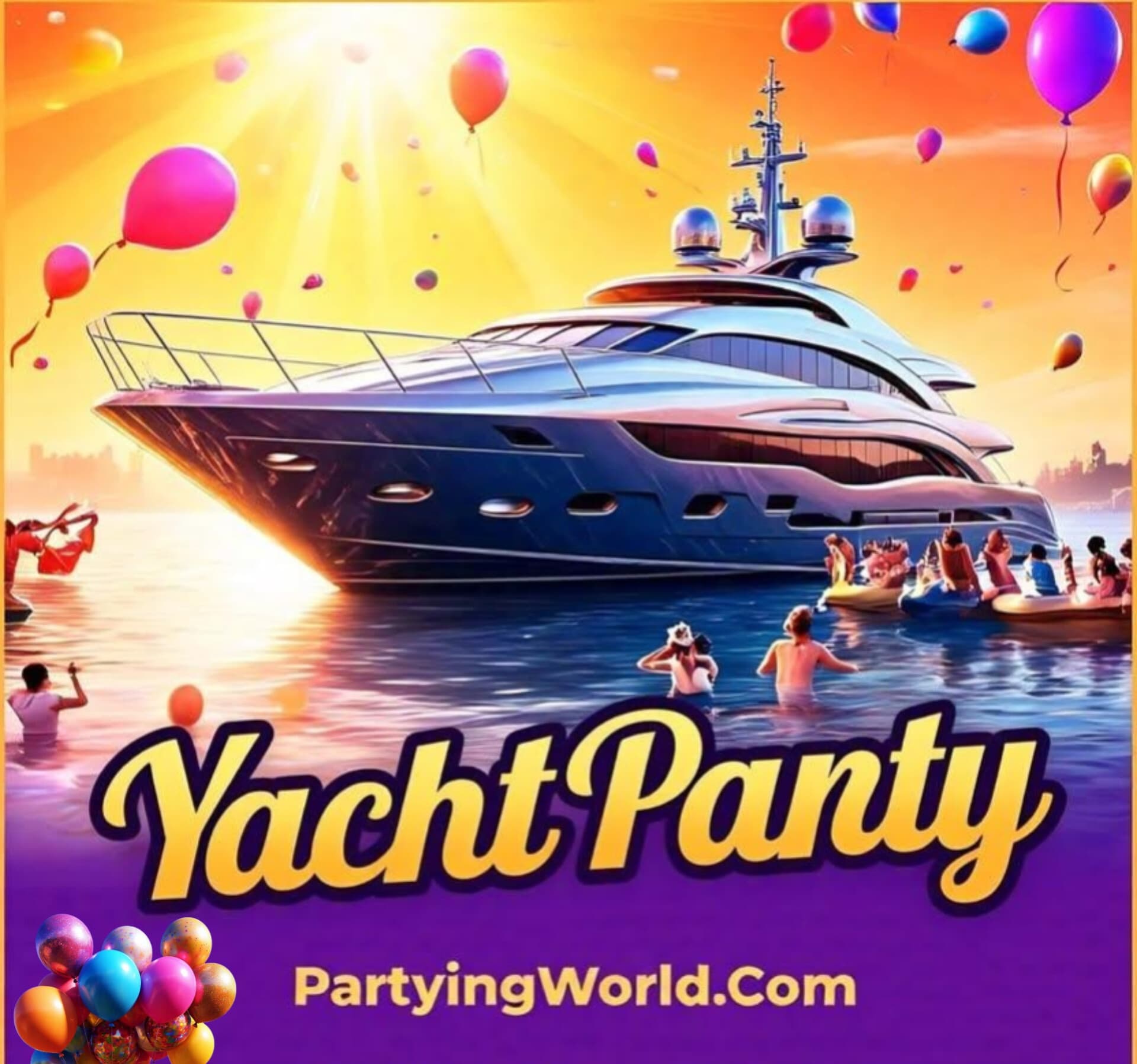 Luxury yacht party cruising tropical sunset near coastline