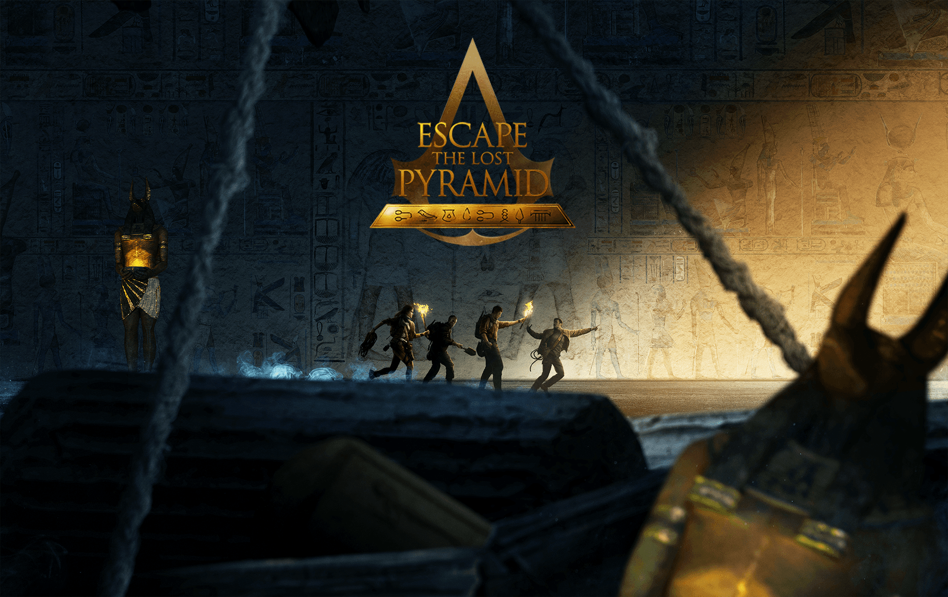 Adventurers exploring ancient pyramid tomb with torchlit corridors