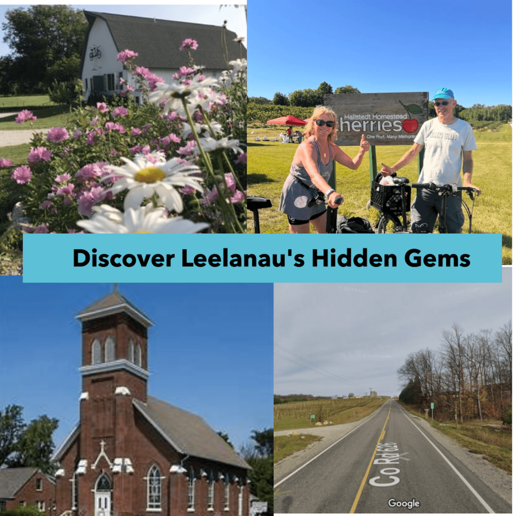 Collage promoting Leelanau hidden gems with biking and landmarks