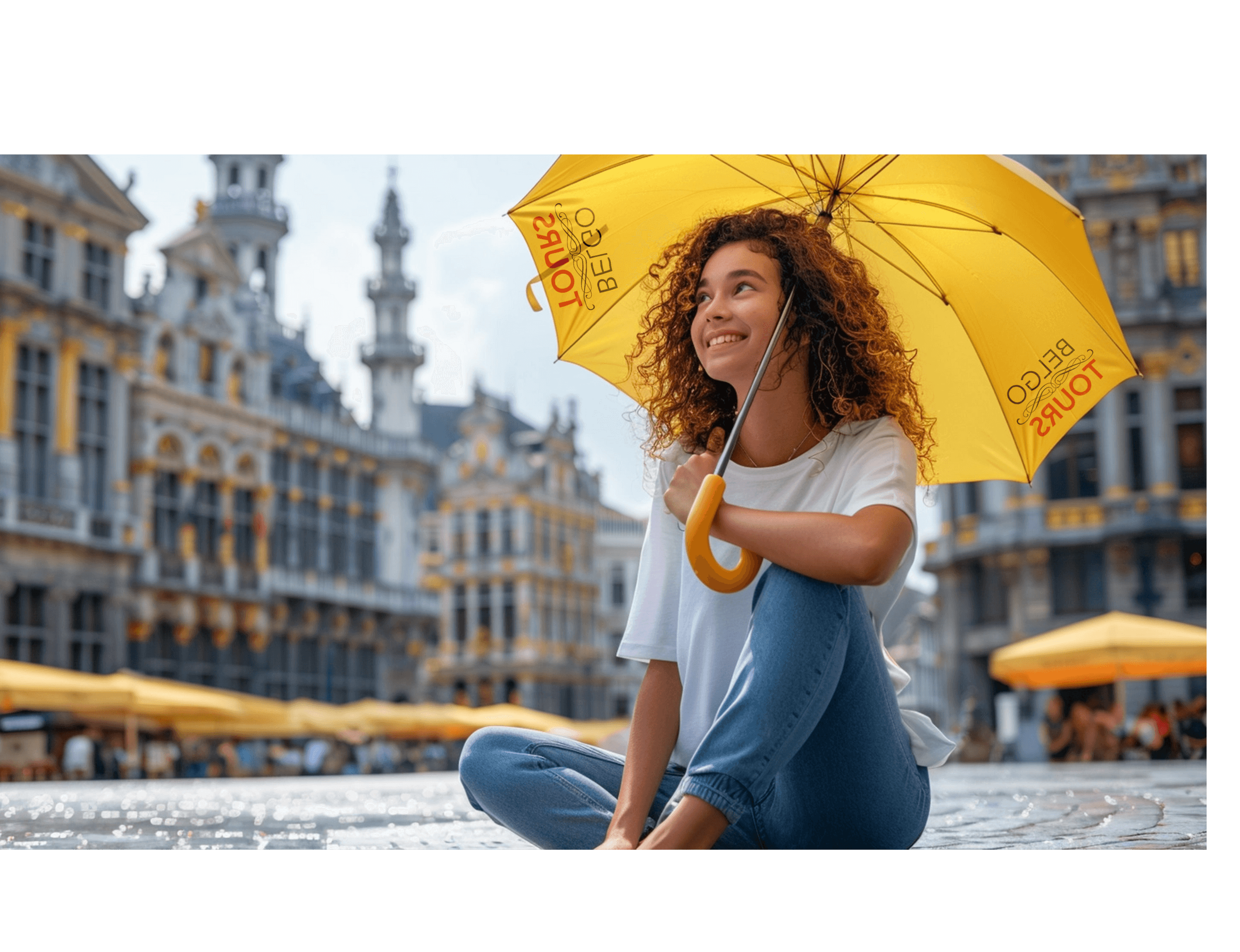 Smiling woman on cobblestones with yellow umbrella, Brussels