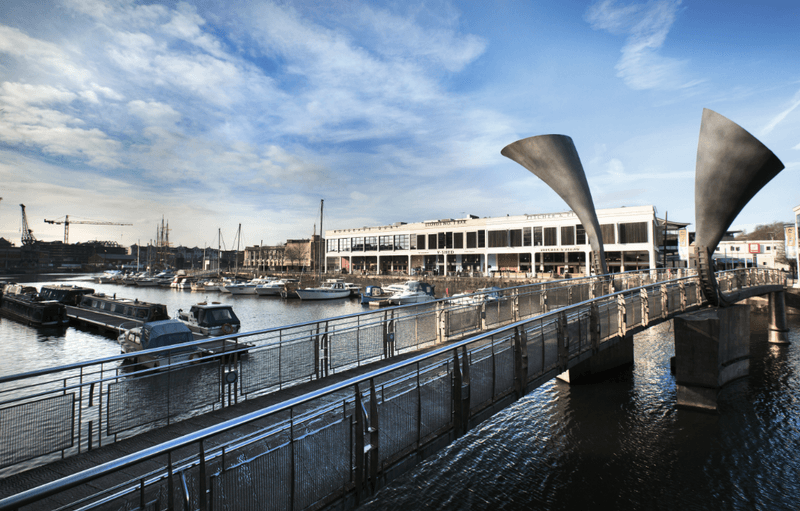 Marina promenade and footbridge at Bristol harbor for waterfront sightseeing