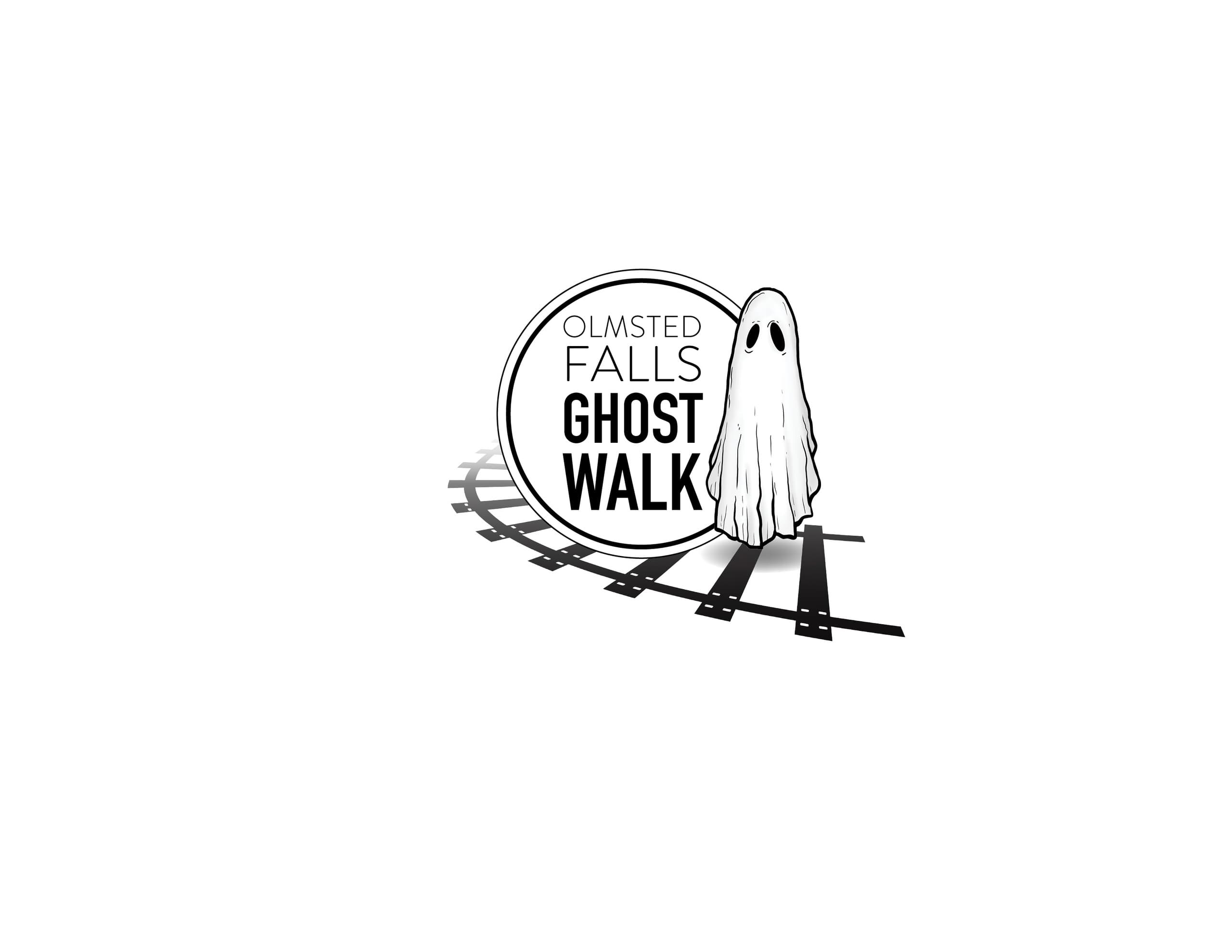 Olmsted Falls ghost walk logo with railroad tracks, spooky walking tour