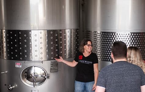 Winery cellar tour by stainless fermentation tanks indoors