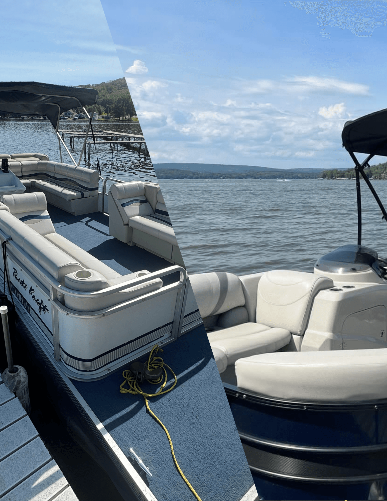 Close-up pontoon boarding area on lakeside dock with water view