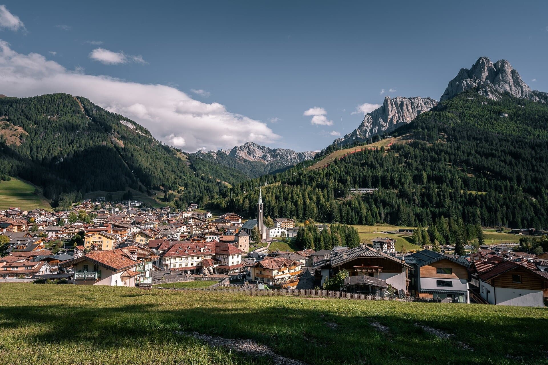 Panoramic valley view with alpine meadows and distant peaks