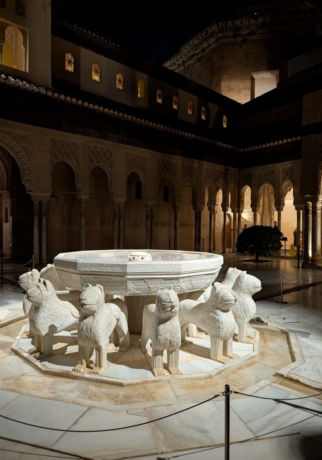 Close-up of marble Court of Lions fountain at Alhambra