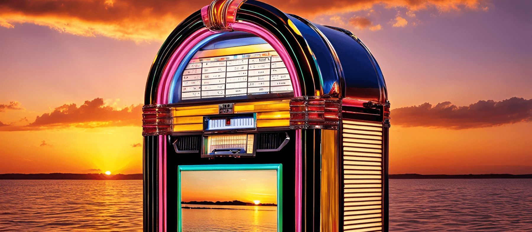 Vintage jukebox on cruise deck at Carlingford Lough sunset
