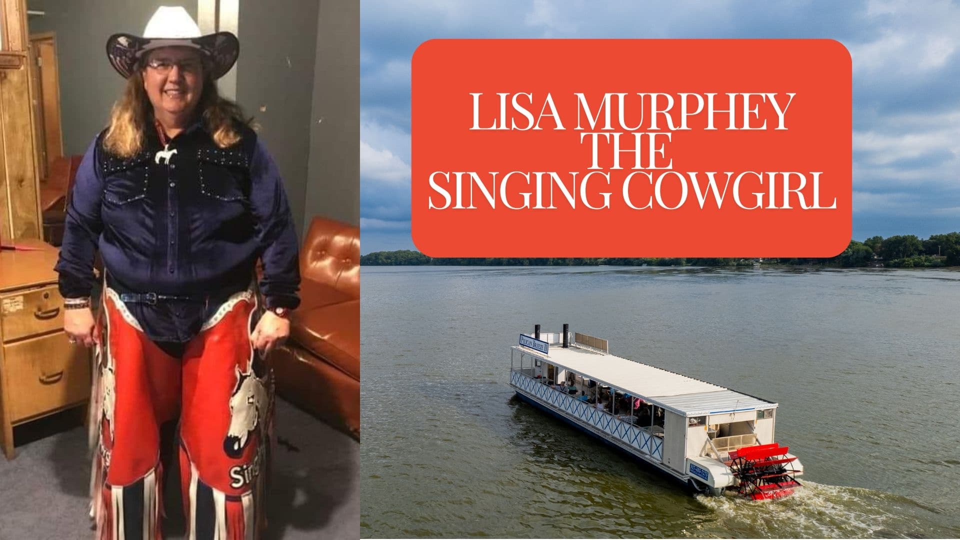 Cowgirl performer portrait paired with riverboat tour promotional image