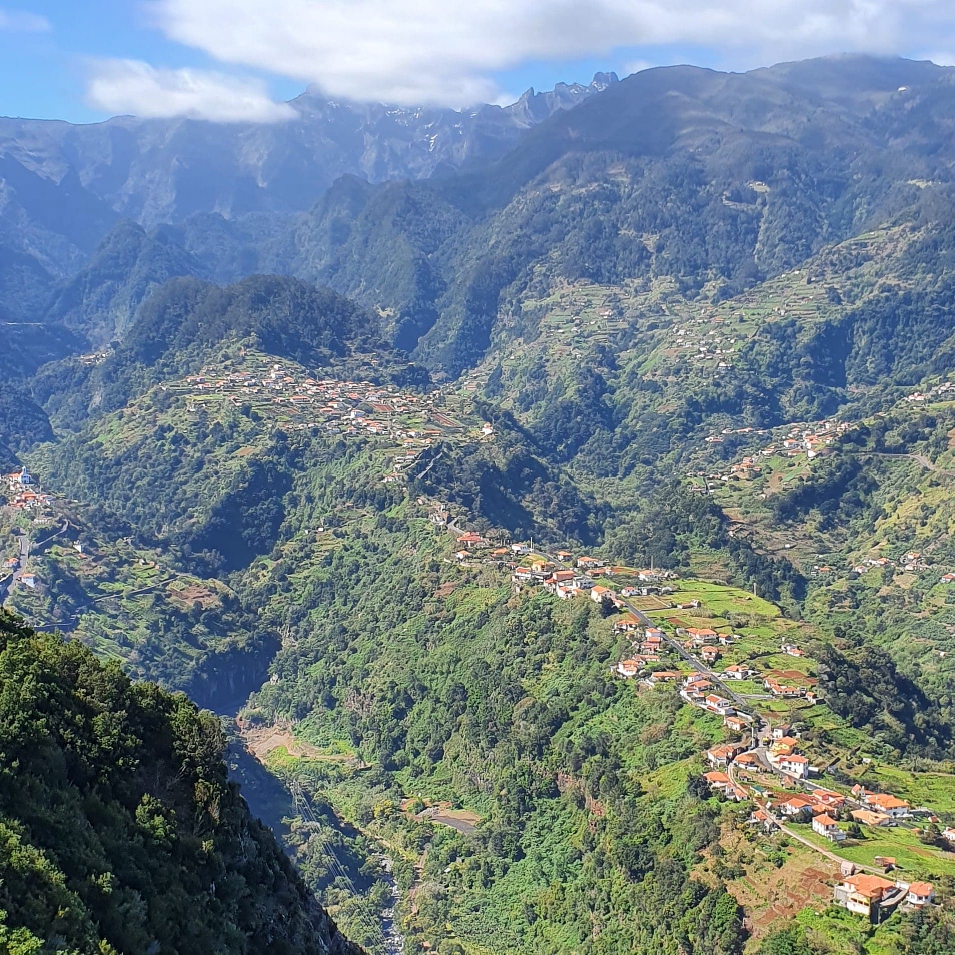 Aerial mountain valley view of Madeira villages, hiking vistas