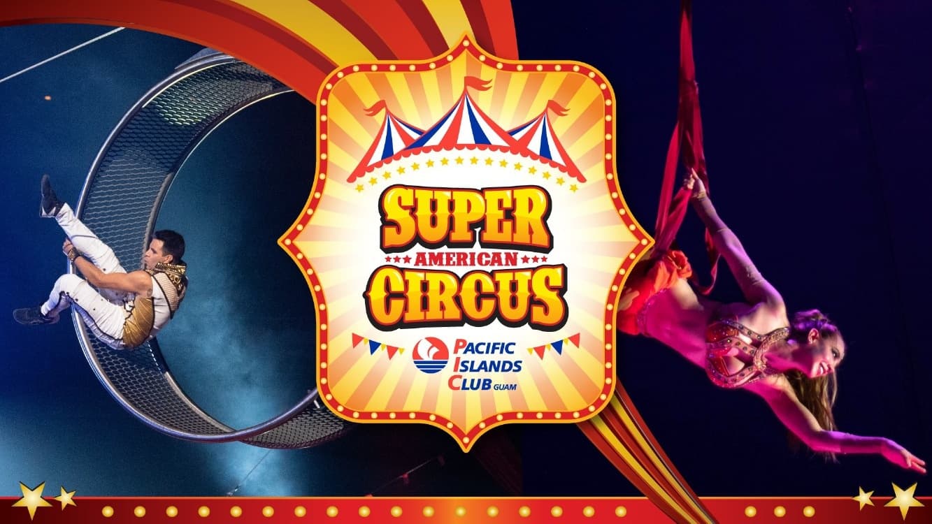 Aerial performers swinging beside Super American Circus marquee