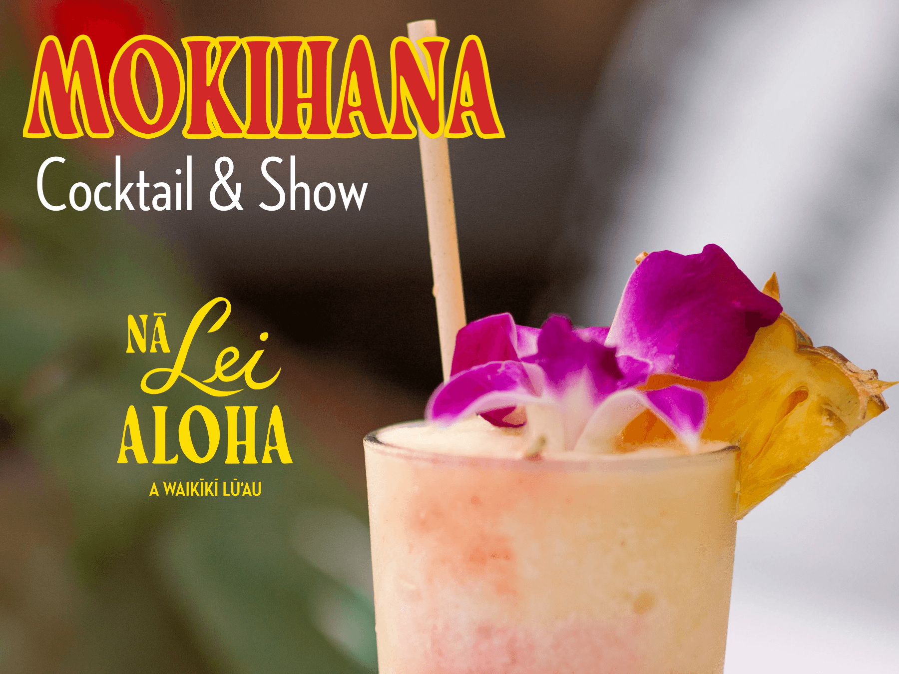 Tropical cocktail garnished with orchid at Waikiki luau bar