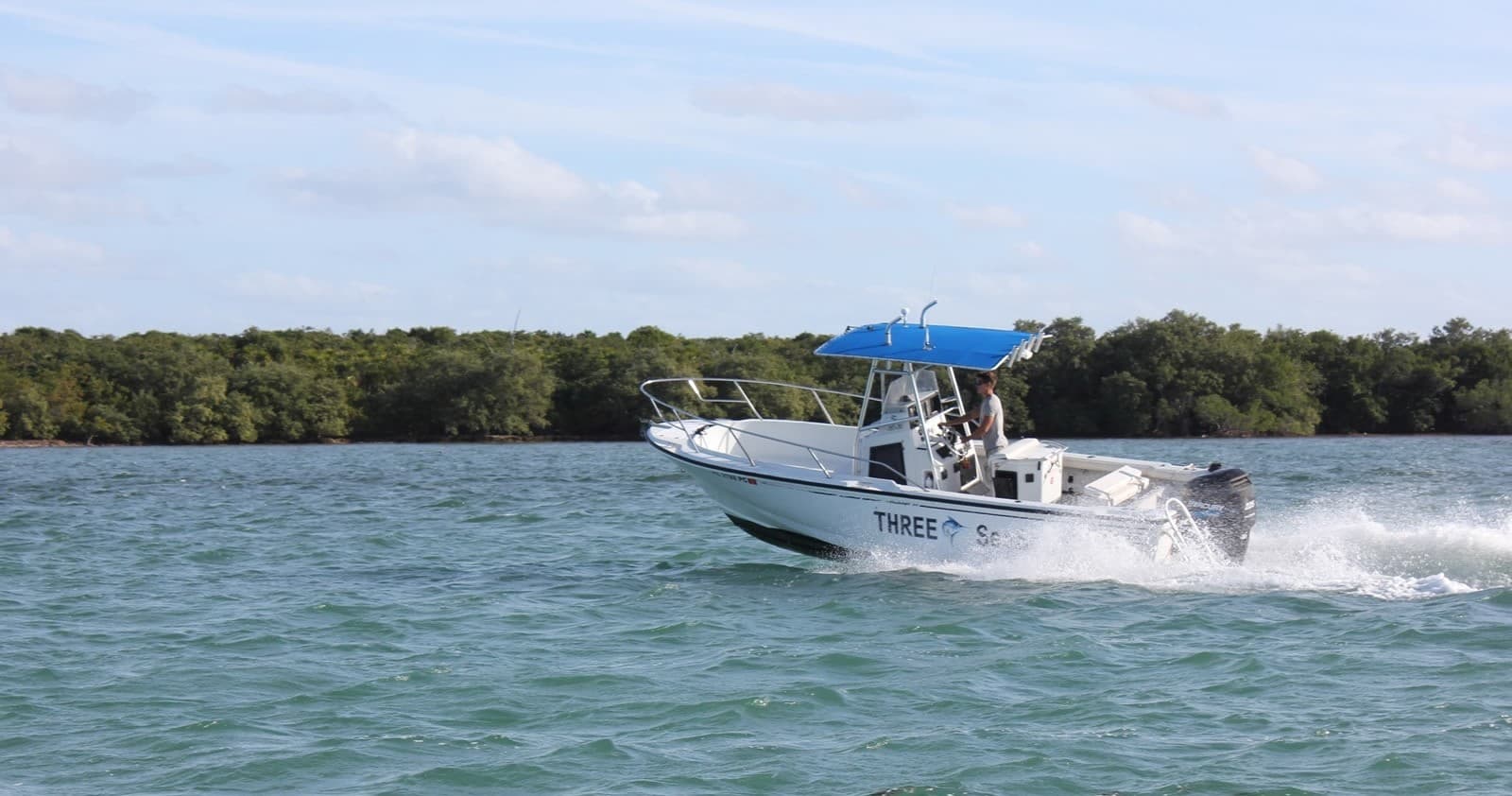 Coastal fishing boat cruising shallow emerald waters with canopy