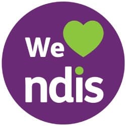 Purple circular 'We love ndis' branding logo for company profile