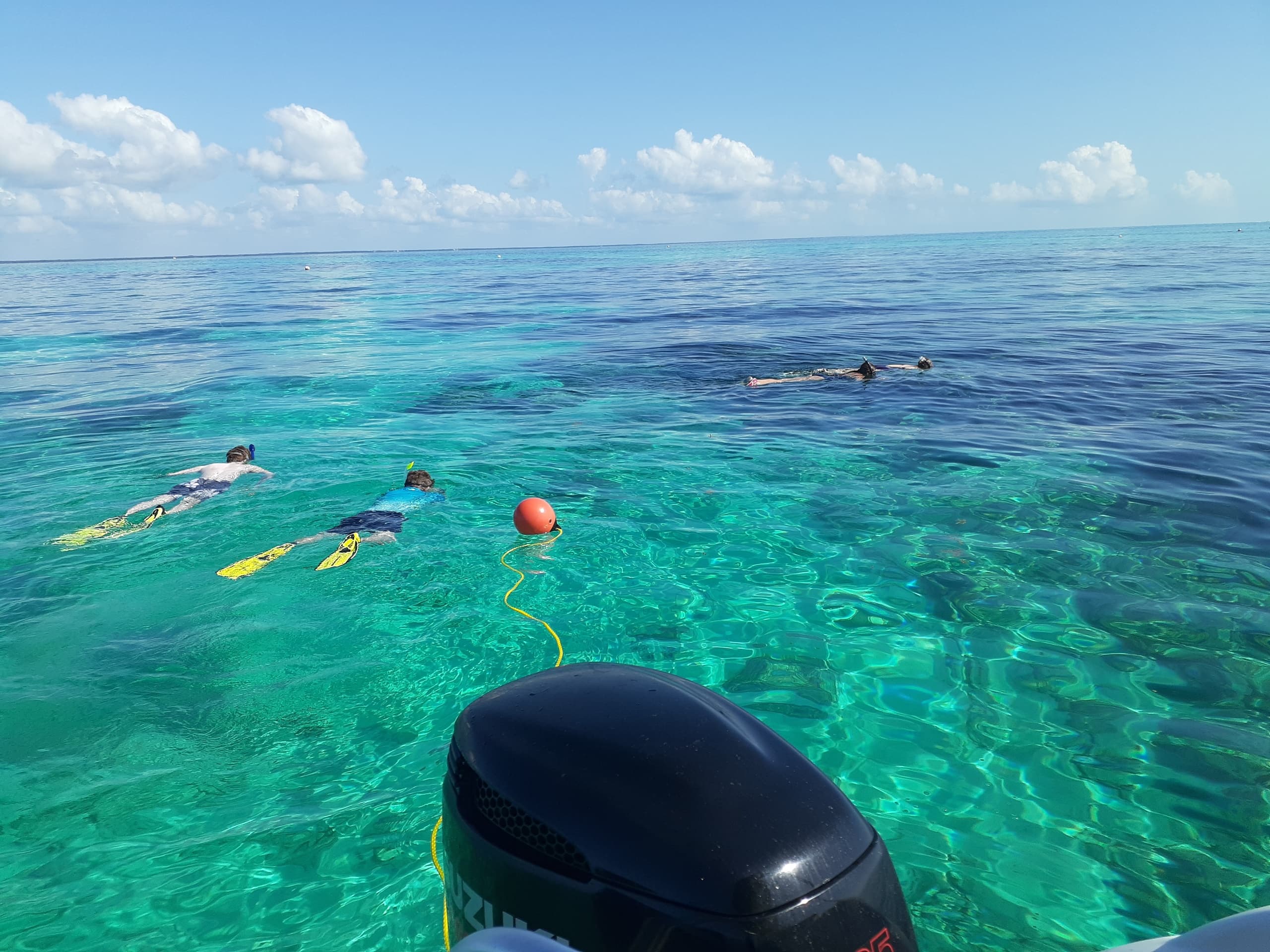 Turquoise shallows with snorkelers and buoy over coral flats in Keys