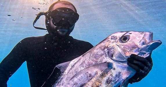 Scuba diver holding large tuna underwater blue ocean experience