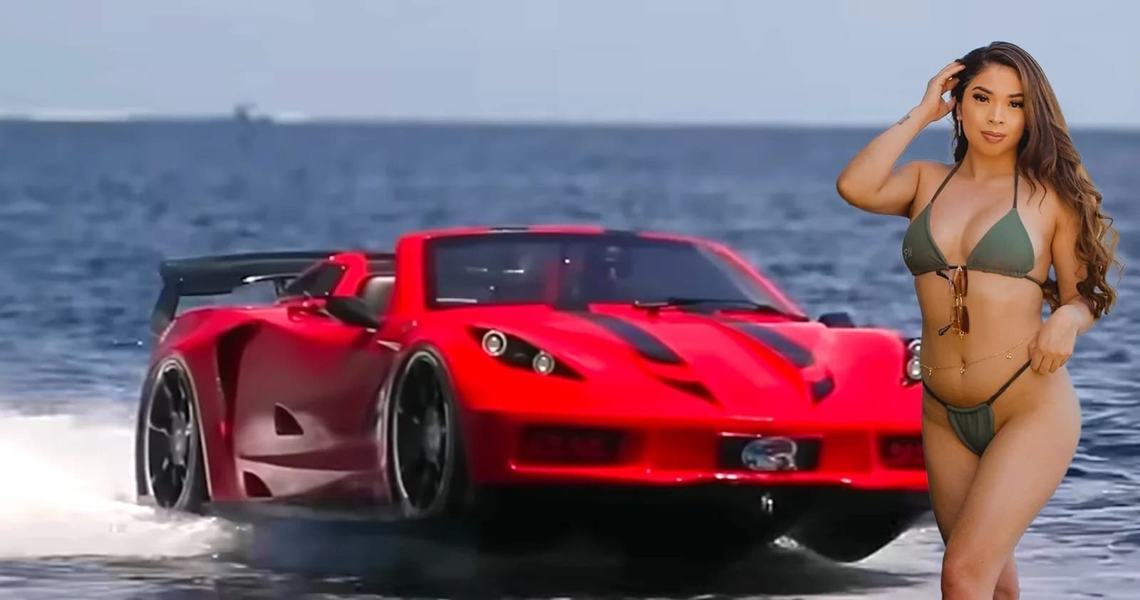 Amphibious sports car cruising on ocean with model posing