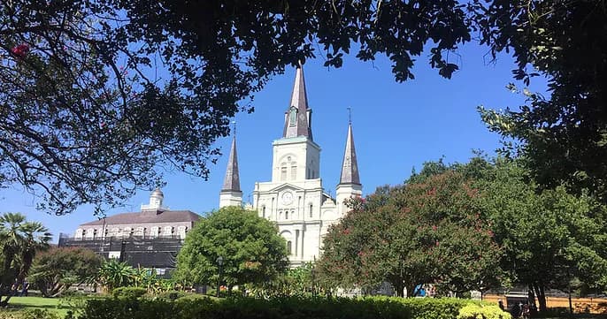 St. Louis Cathedral framed by trees in Jackson Square, New Orleans