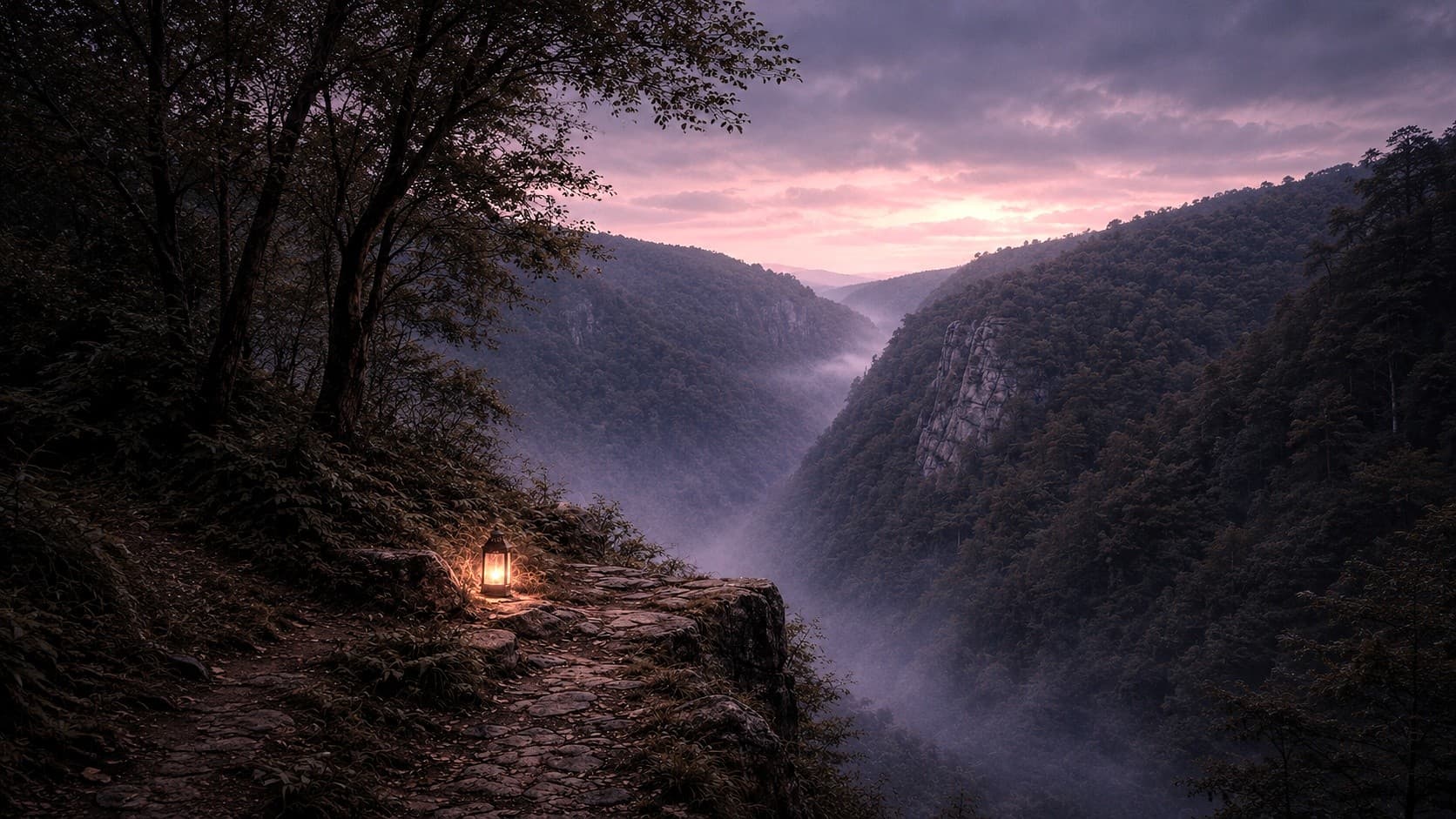 Backcountry vista with campfire overlooking misty river gorge