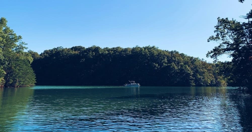 Scenic lakeside panorama showing boat near treed shoreline, calm