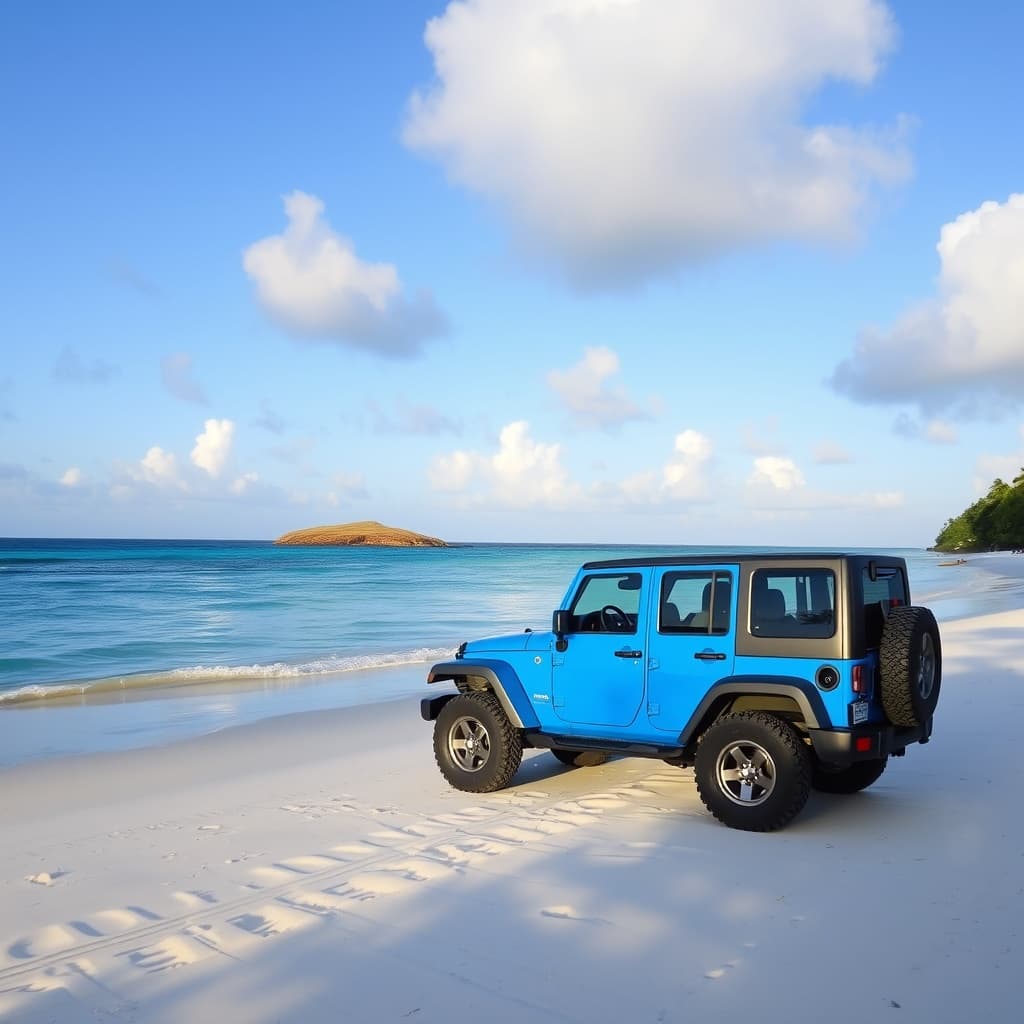 4x4 Jeep parked on white sand beach by turquoise sea