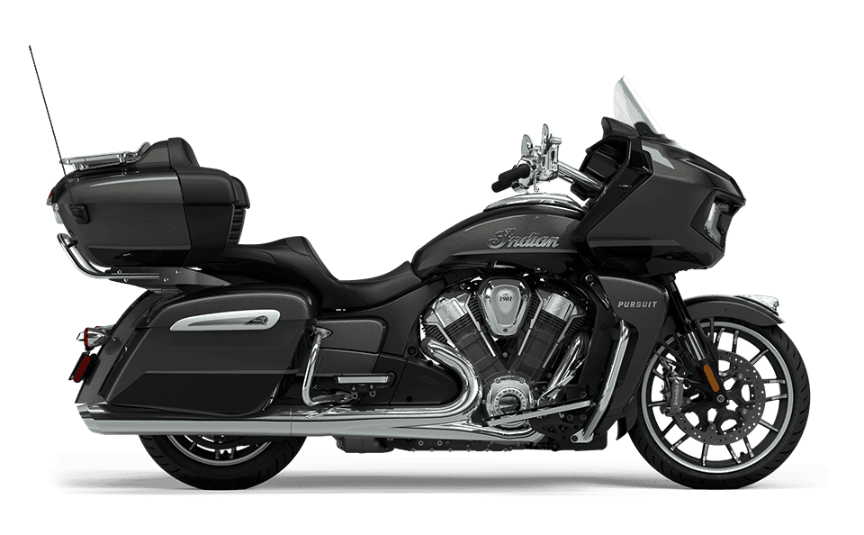 Black Indian touring motorcycle with trunk, studio side view, road-ready