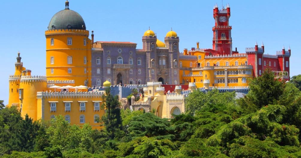 Colorful Pena Palace panorama on Sintra hills, scenic sightseeing
