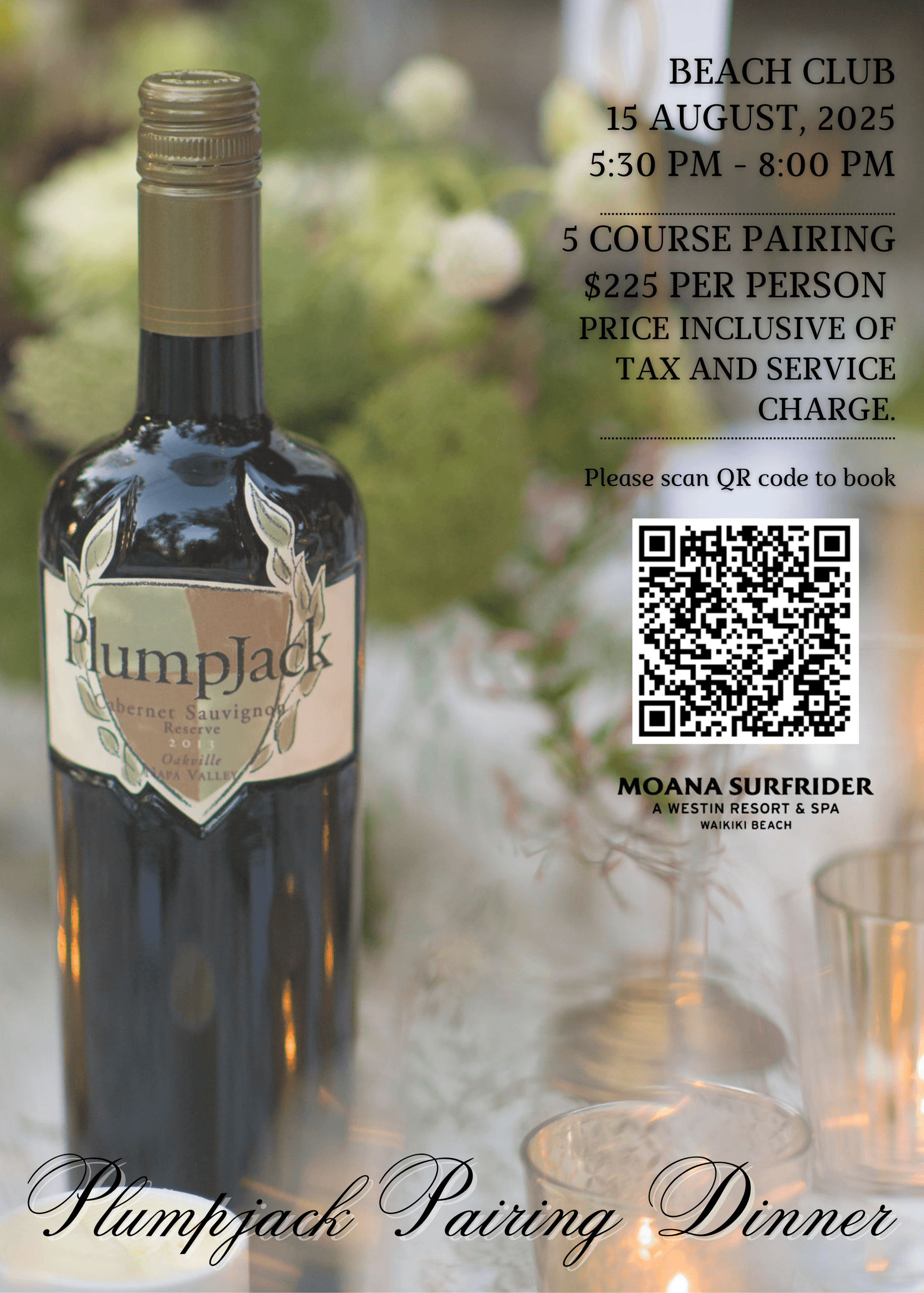Wine pairing dinner promotion at beach club with bottle
