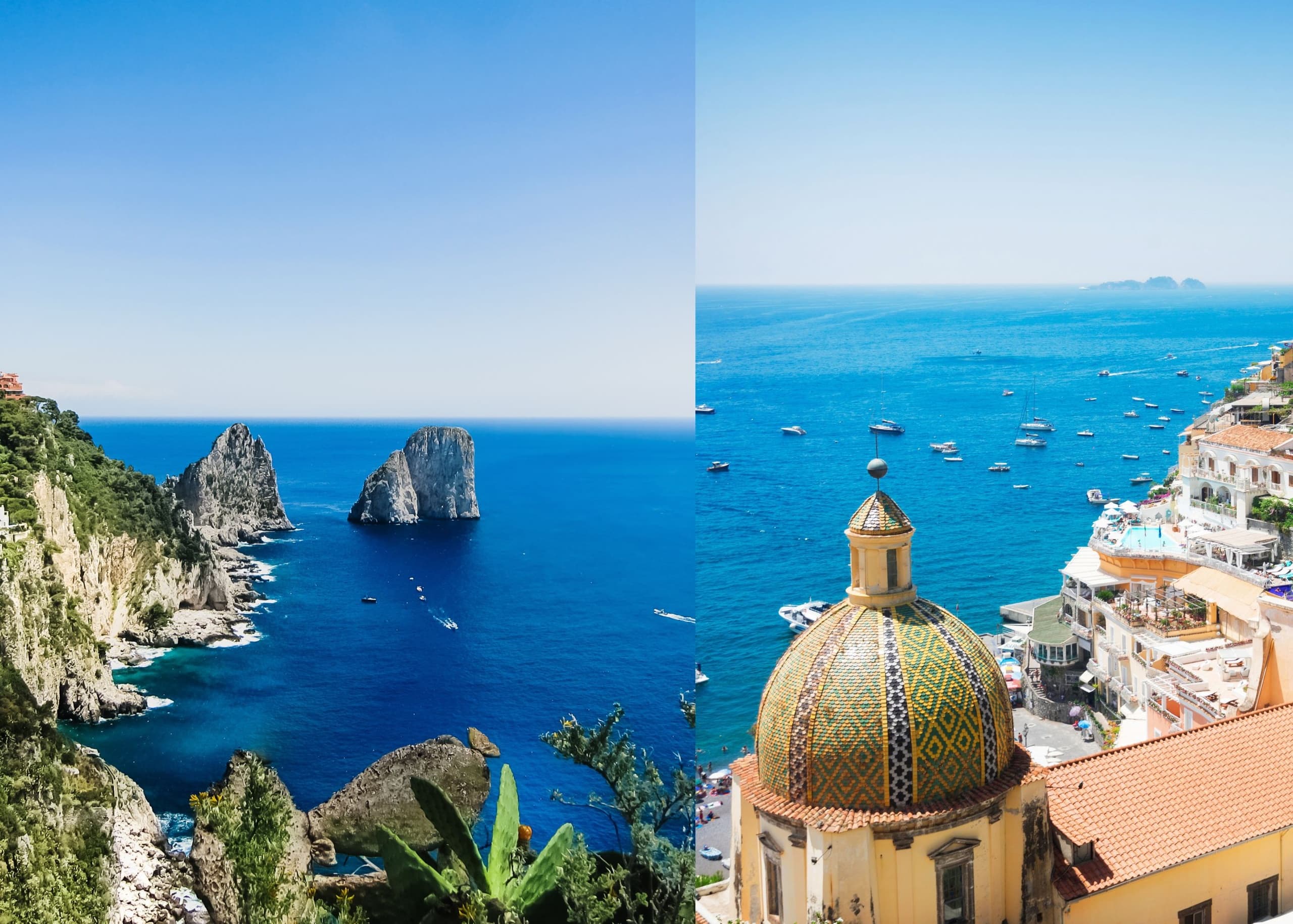 Amalfi Coast panoramic view with church dome and blue sea