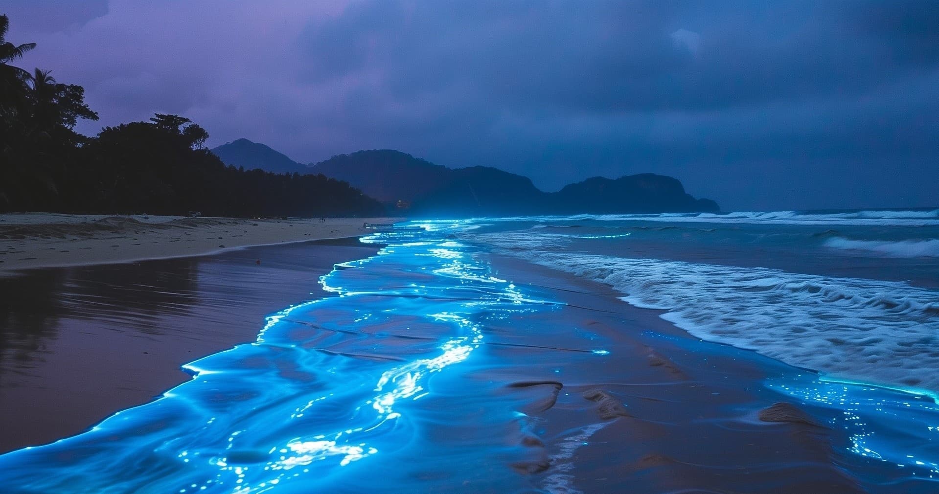 Bioluminescent waves glowing on coastal beach at night