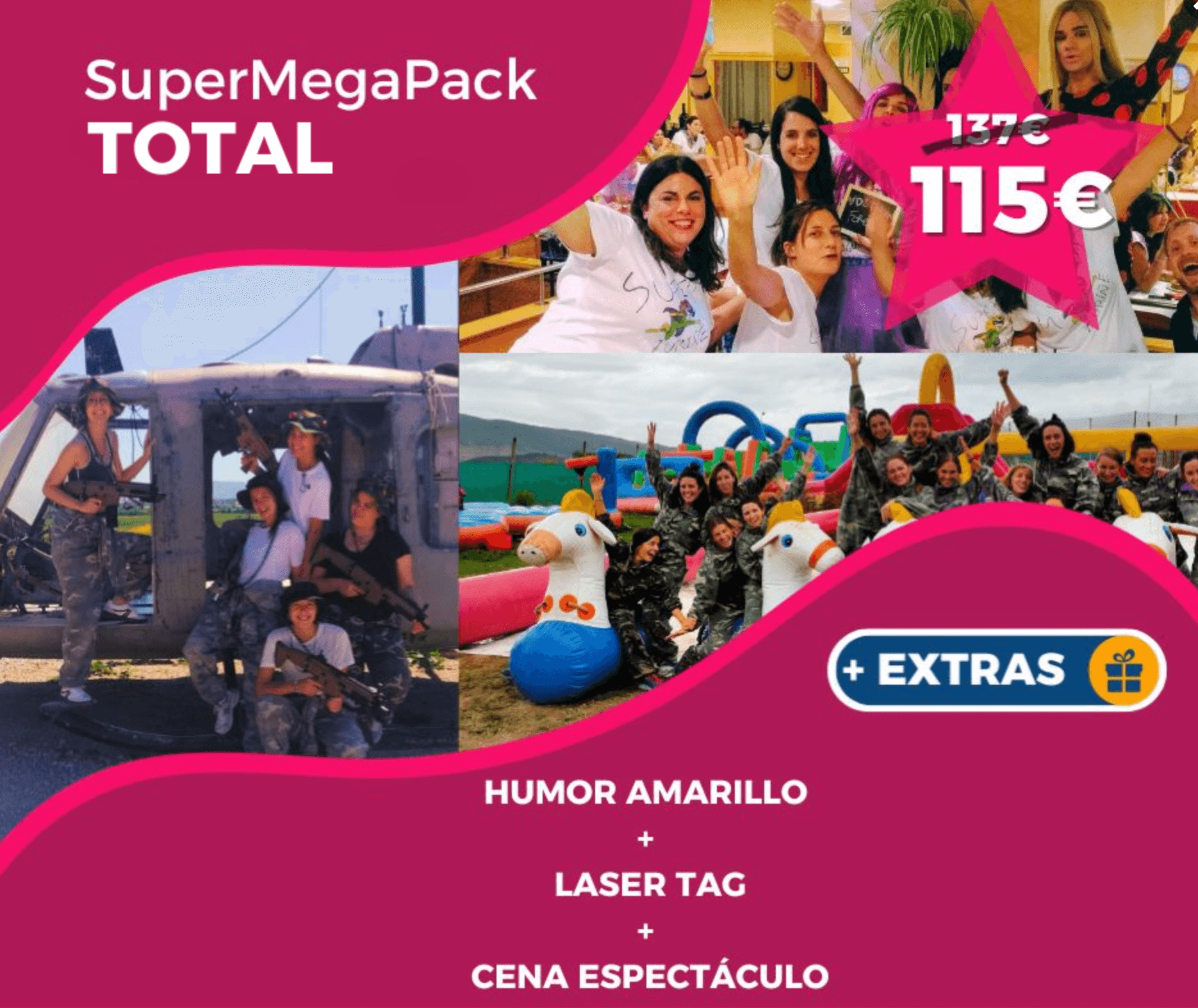 SuperMegaPack Total: Full-Day Humor Amarillo, Laser Combat & Drag Dinner Near Pamplona