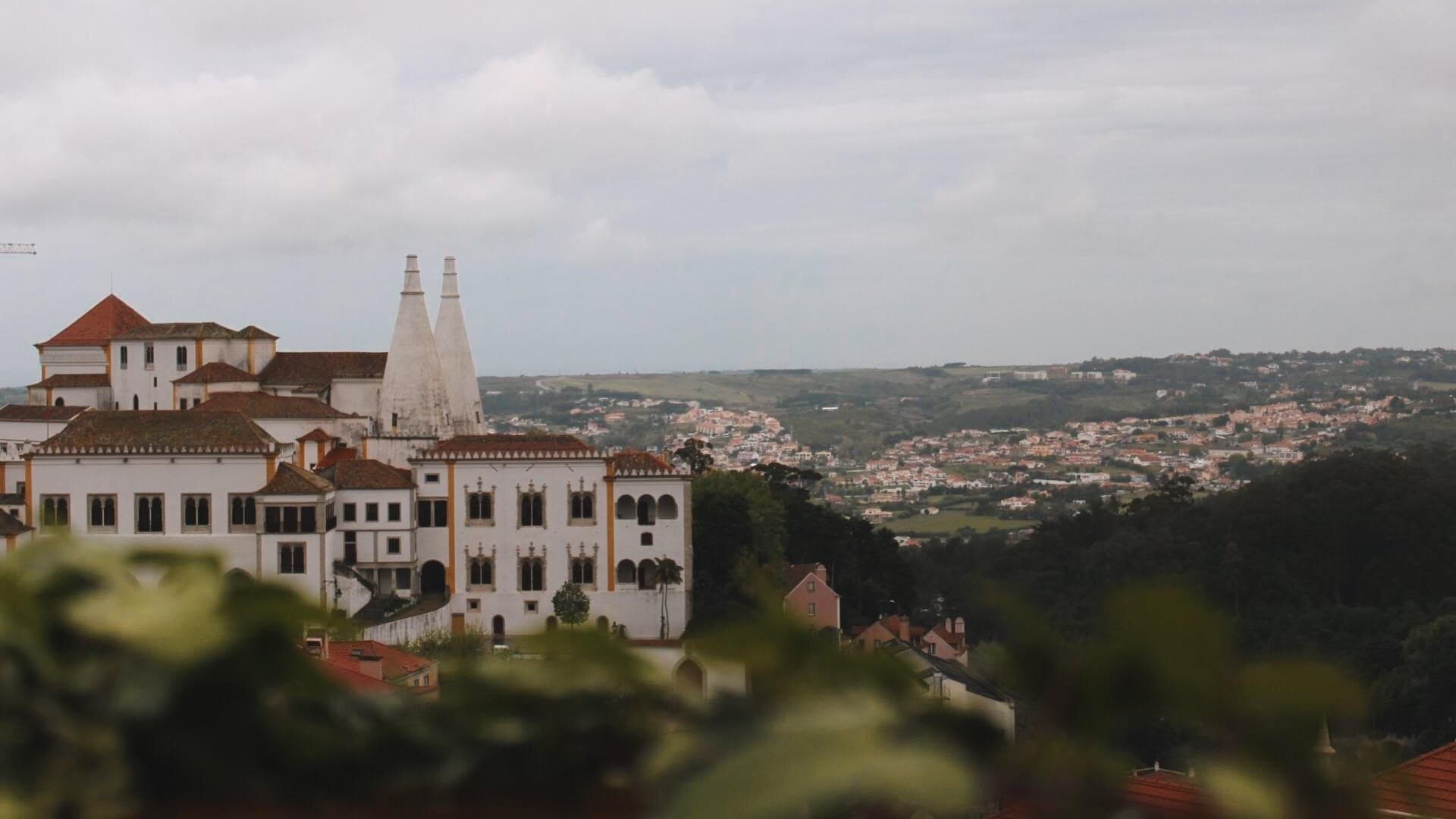 Tilt-shift view of Sintra palace and town from hillside, Portugal