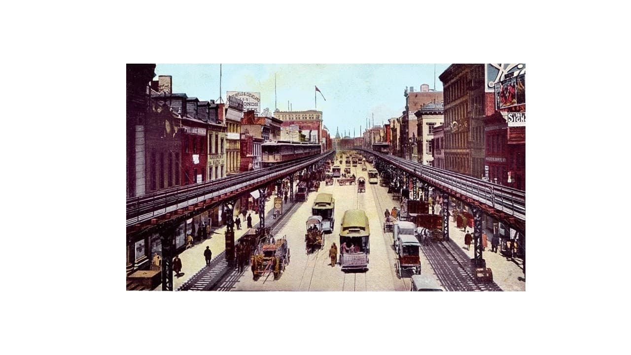 Historic elevated trainway over Manhattan avenue, urban transit scene