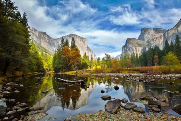 Yosemite Valley reflection on Merced River, scenic hiking vista