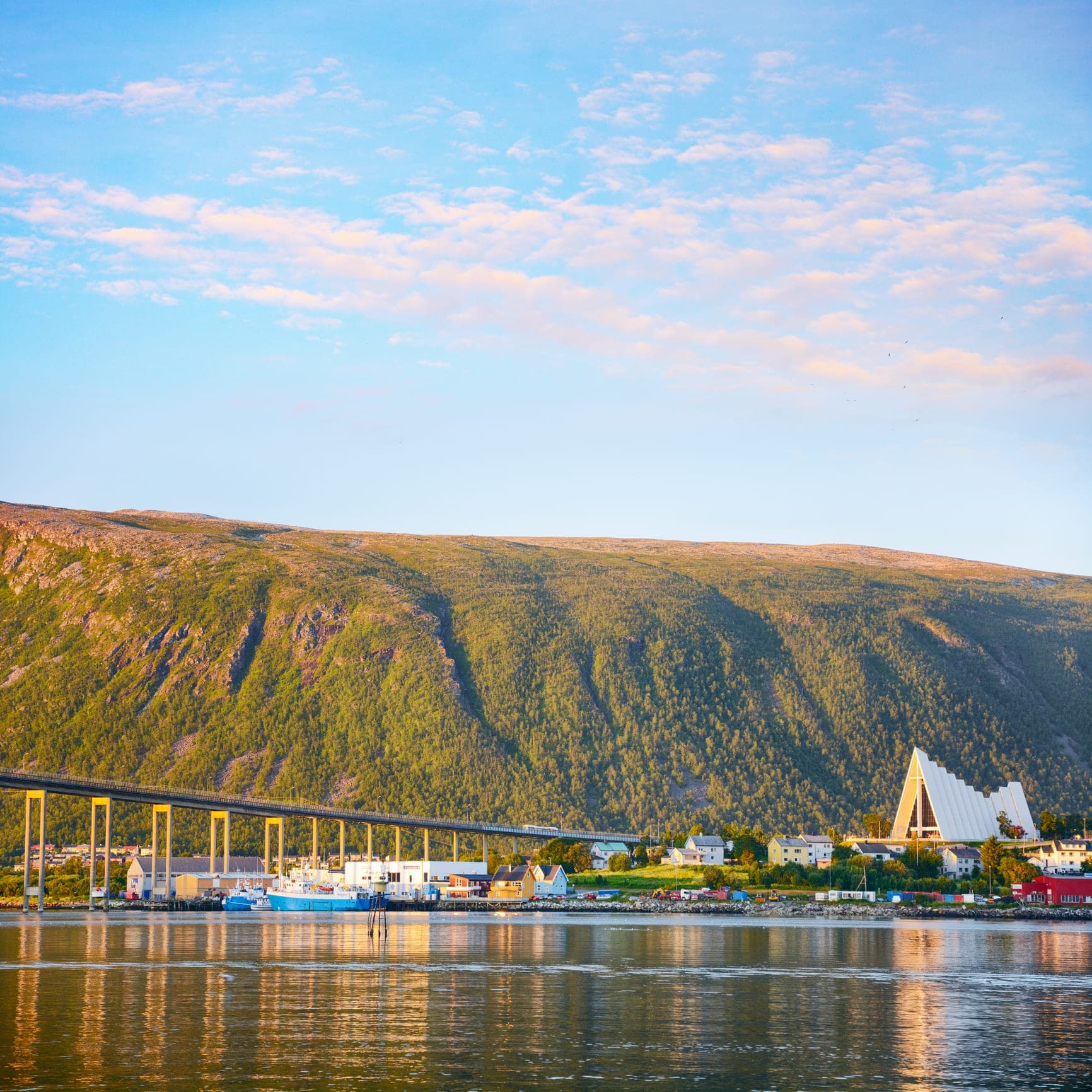 Fjord town with bridge and waterfront, scenic coastal panorama