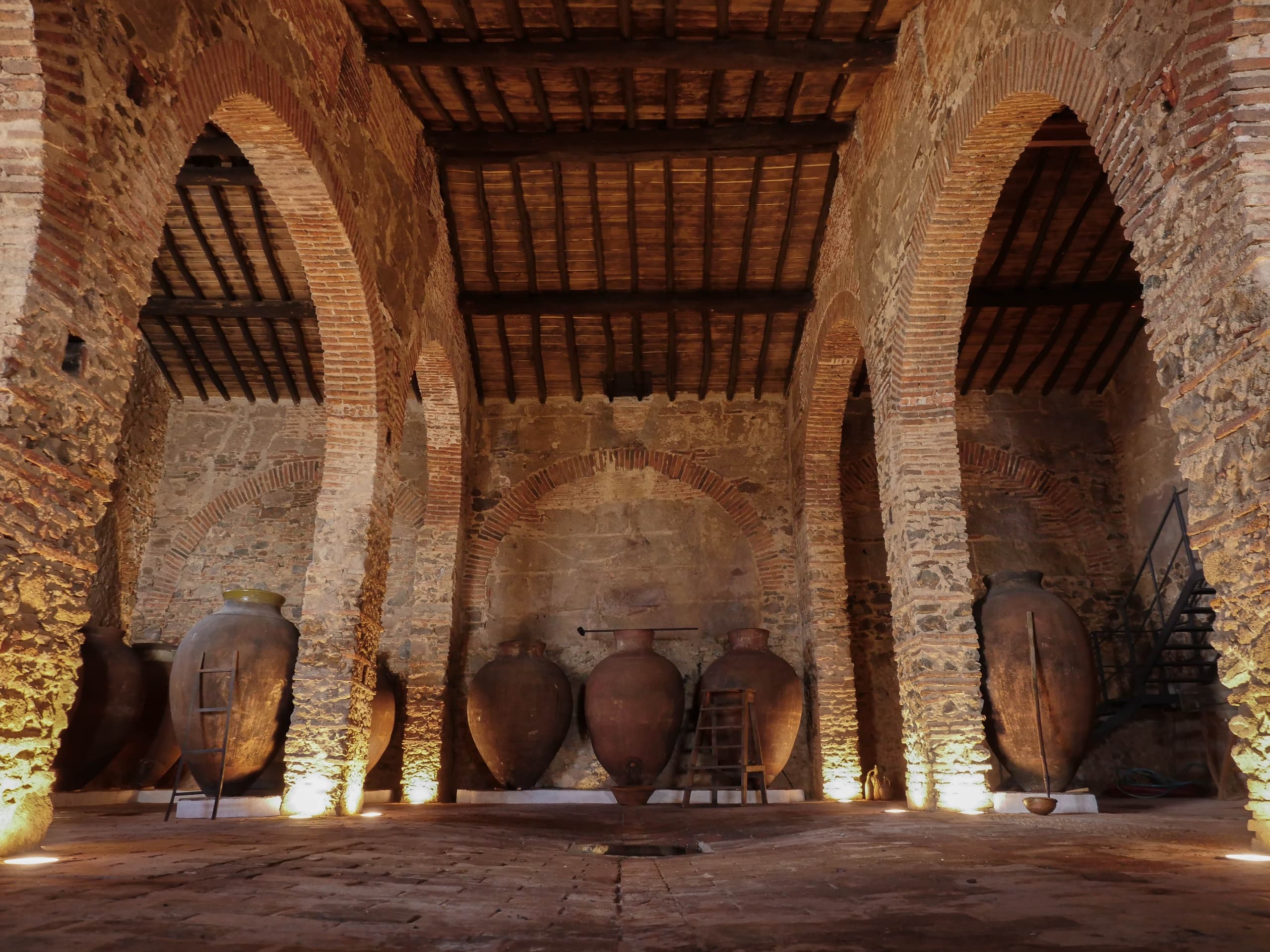 Historic vaulted wine cellar chamber with terracotta amphorae