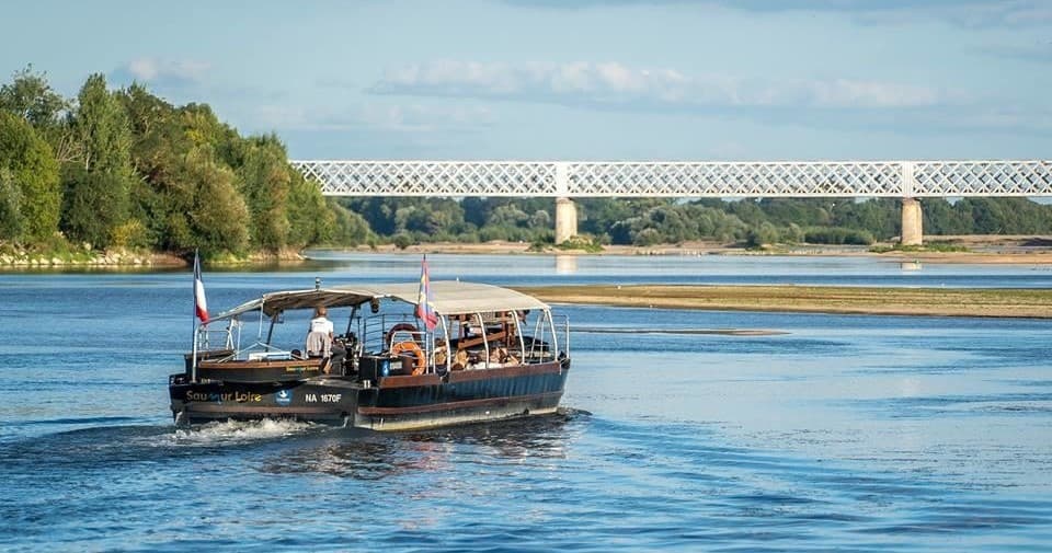 Traditional Loire sightseeing boat cruising under scenic bridge